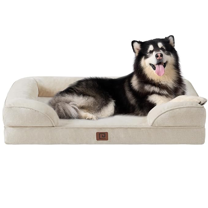 EHEYCIGA Orthopedic XXL Dog Bed for Extra Large Breeds, Waterproof Memory Foam With Sides, Non-Slip Bottom, Egg-Crate Foam Couch, Washable Removable Cover, Beige